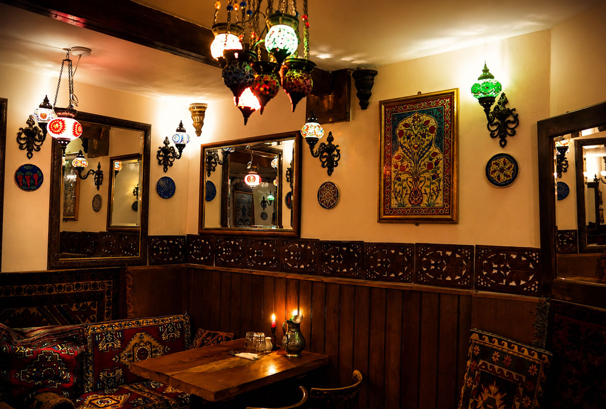 Empires Cafe Bistro interior with hand-painted Çini tiles